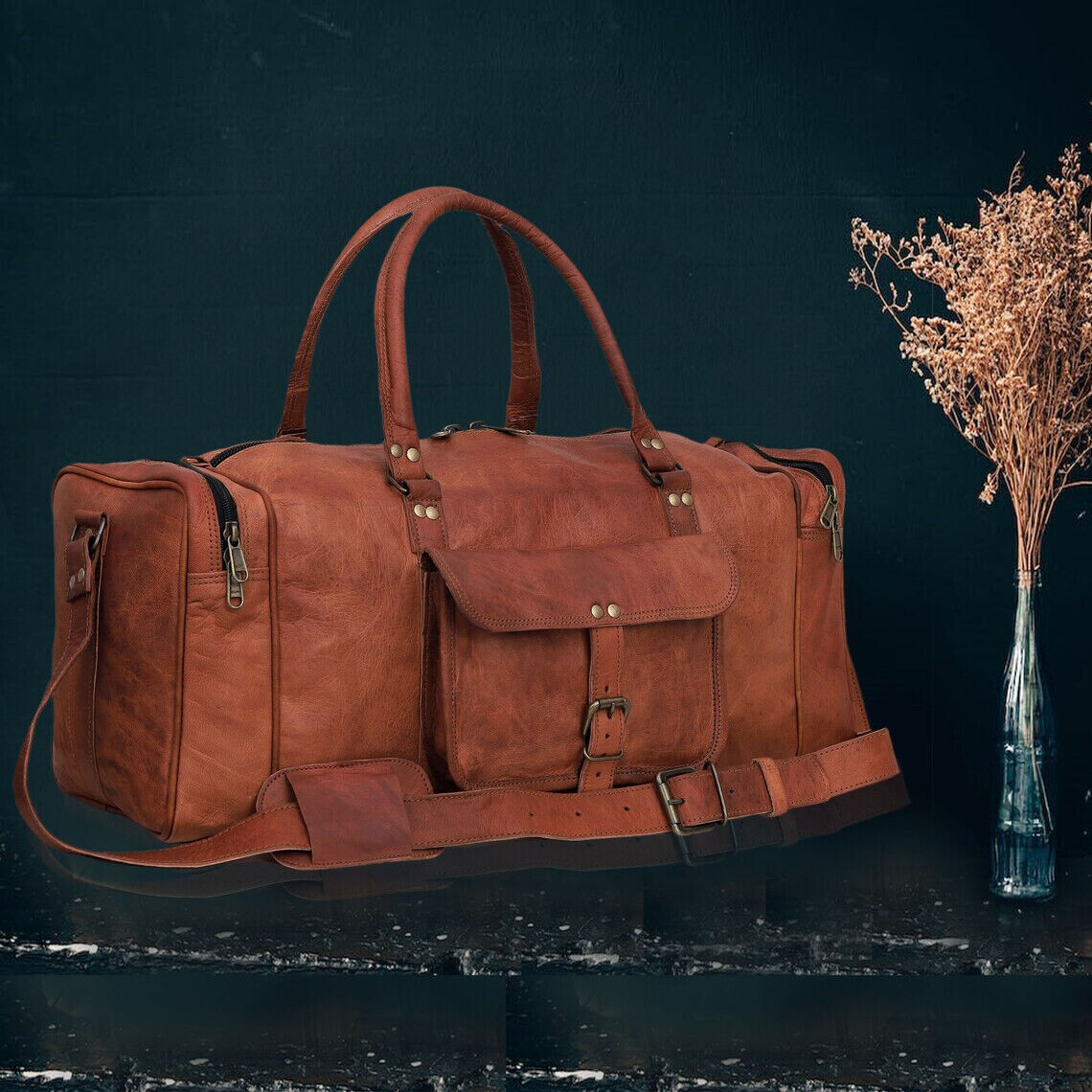 Genuine Leather Gotter Leather Travel Luggage Duffel Gym Bag Best Gift For Men's 24Hr Smart